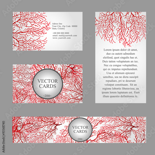 Four cards with the texture of red coral and sample text 