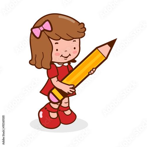 Little student girl holding a big pencil. Vector illustration