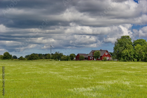 landscape with estonian rural house and cloudy sky