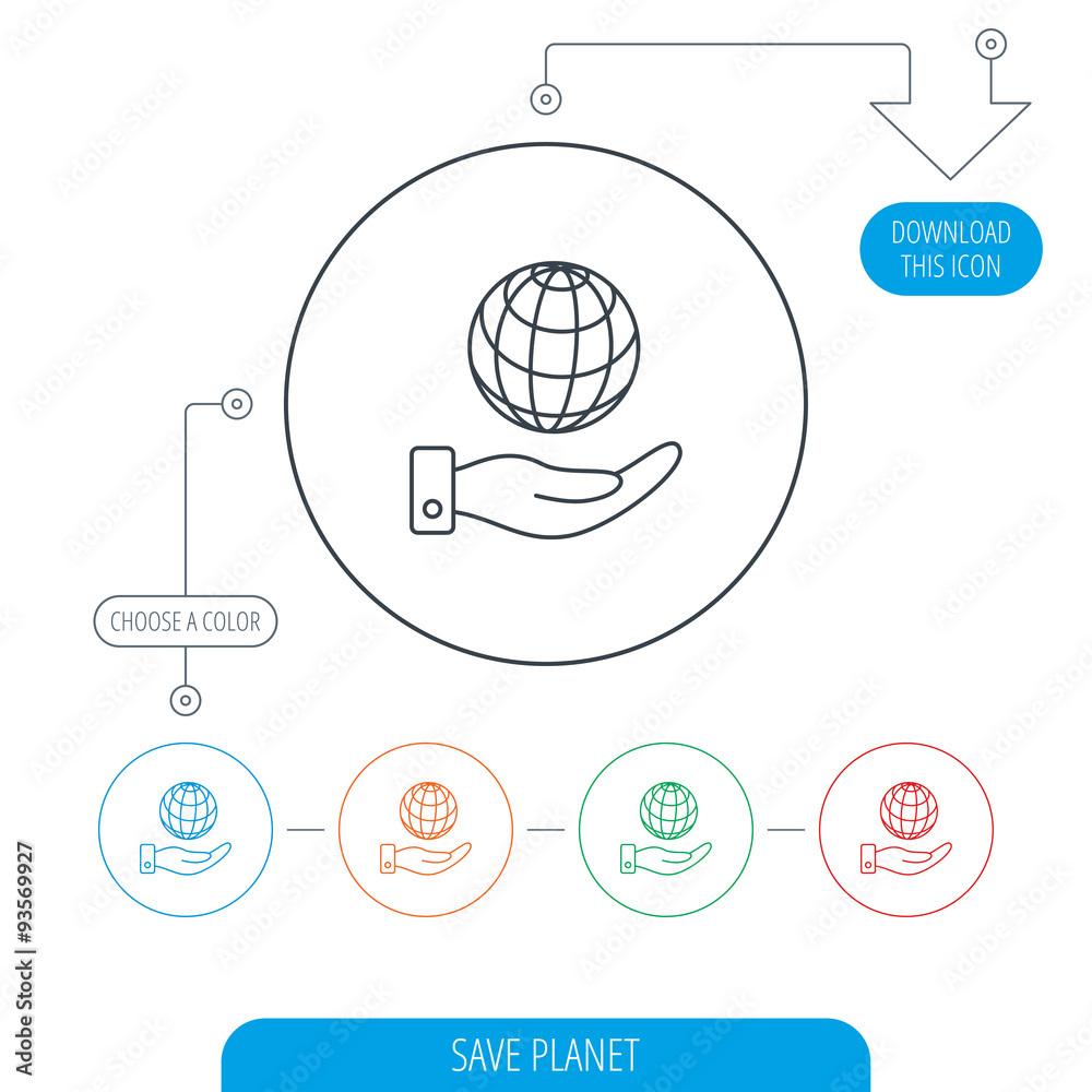 Save planet icon. Hand with globe sign. Save planet icon. Hand with globe sign.