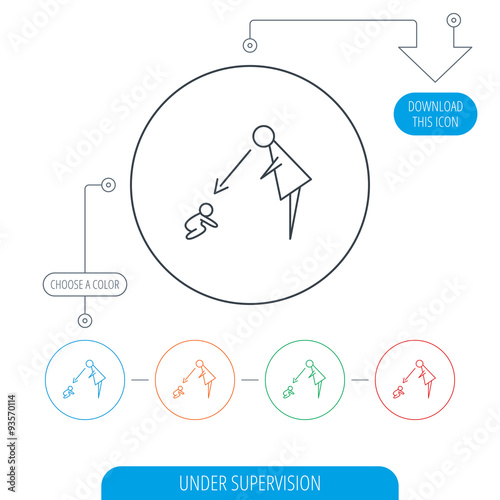 Under nanny supervision icon. Babysitting sign.