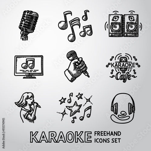 Set of karaoke singing freehand icons - microphone, notes