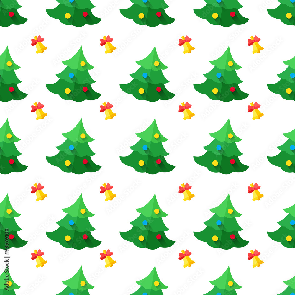 Vector modern flat New Year seamless pattern with tree and bell