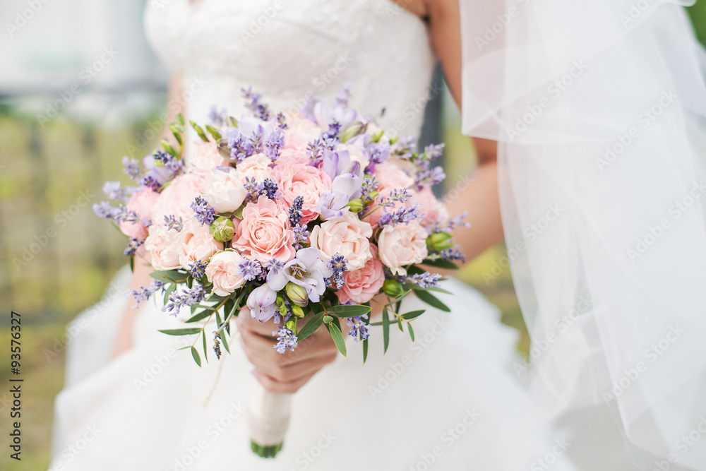 Wedding bouquet of lavender, roses and peonies. Wedding bouquet of lavender, roses and peonies.