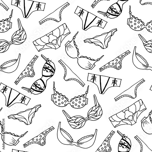 Lingerie seamless pattern. Vector underwear background design. Outline hand drawn illustration. Bras and panties fashion doodle