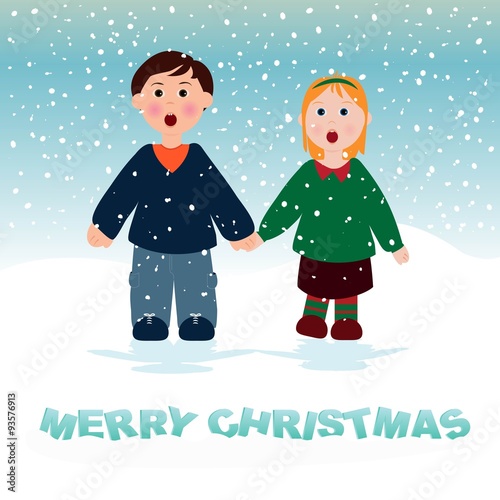 illustrazione di bambini che cantano sotto la neve