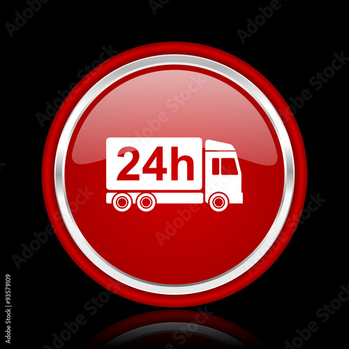 delivery red glossy cirle web icon on black bacground
