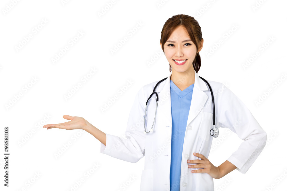 Friendly young female doctor with showing gesture Friendly young female doctor with showing gesture