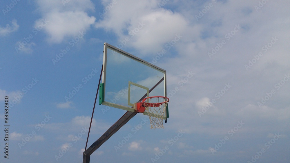 Basketball net on a blue sky background.