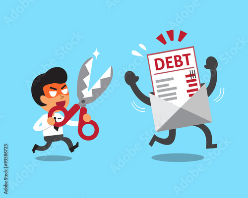 Cartoon businessman holding scissors to cut debt letter