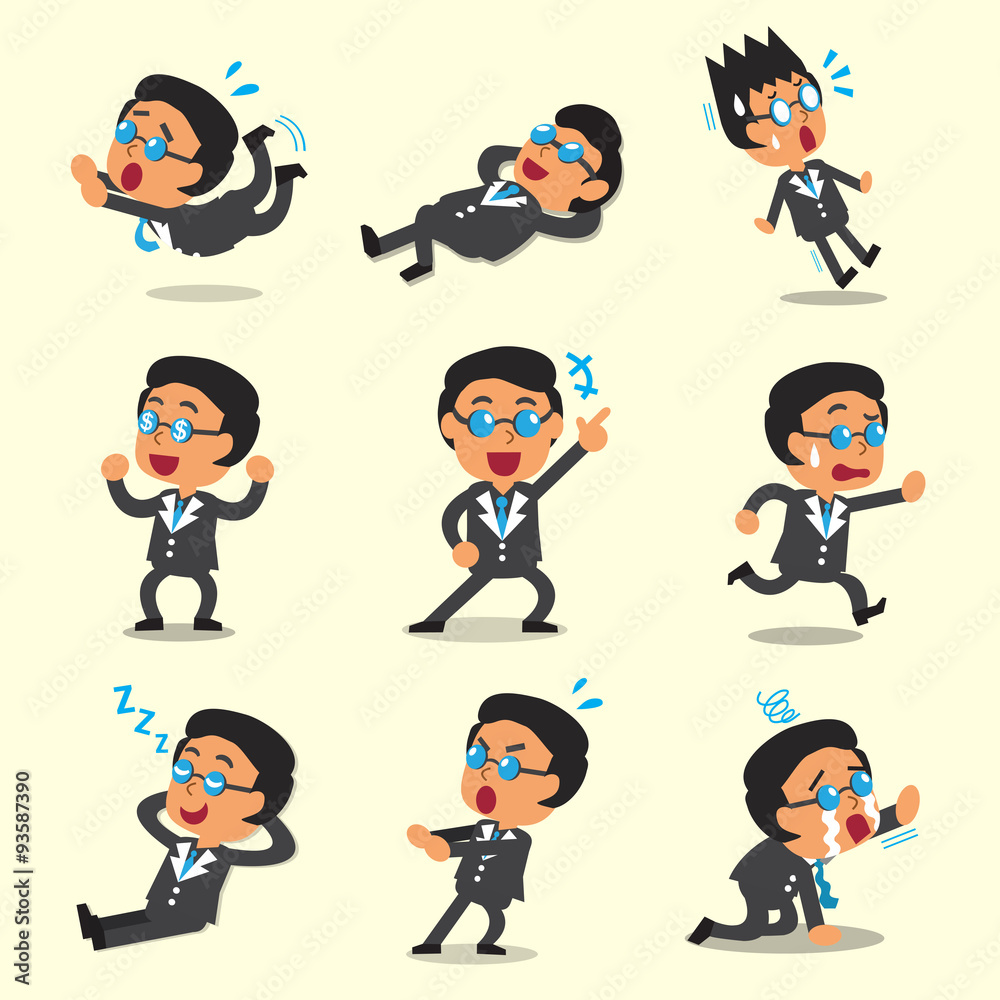 Cartoon business boss character poses on yellow background Cartoon business boss character poses on yellow background