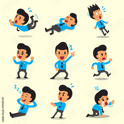 Cartoon businessman character poses on yellow background
