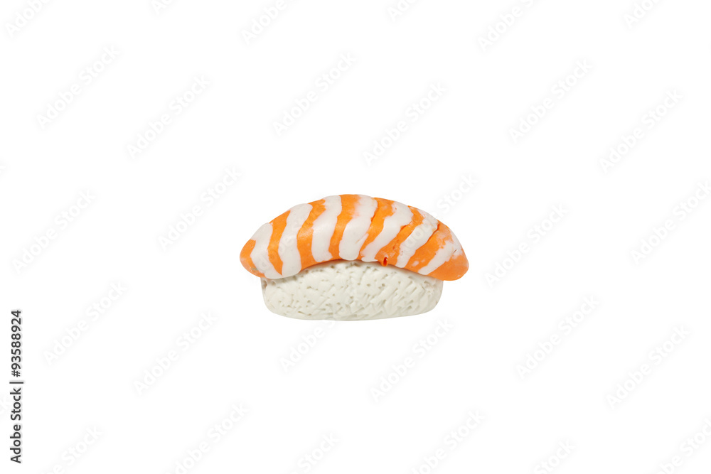 miniature salmon sushi model from japanese clay on white background miniature salmon sushi model from japanese clay on white background