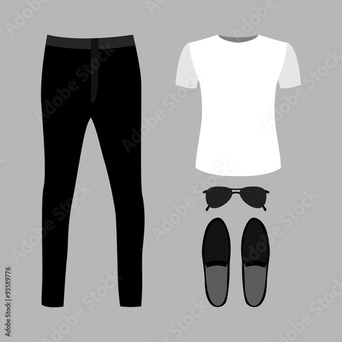 Set of trendy men's clothes with pants, t-shirt and accessories. Vector illustration