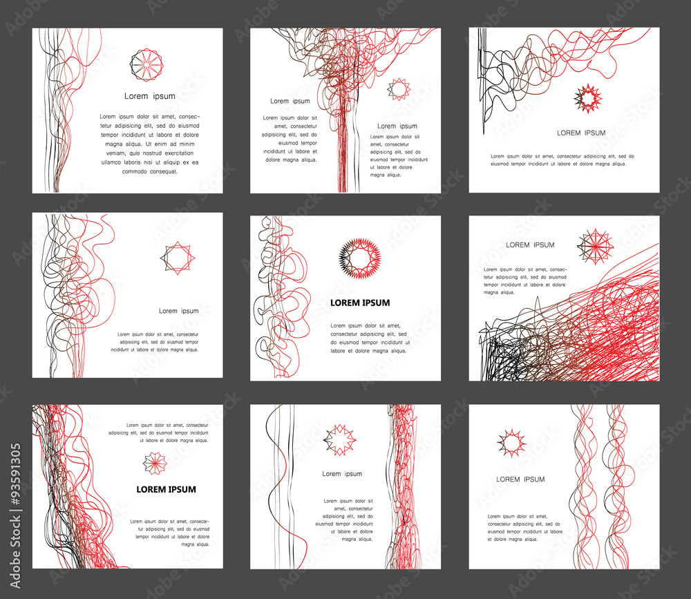 Abstract page designs collection.Curve Lines Digital Backgrounds collection. Set of page design, abstract backgrounds. Smooth wavy lines, black and red on white. Horizontal page templates. Eps 10.