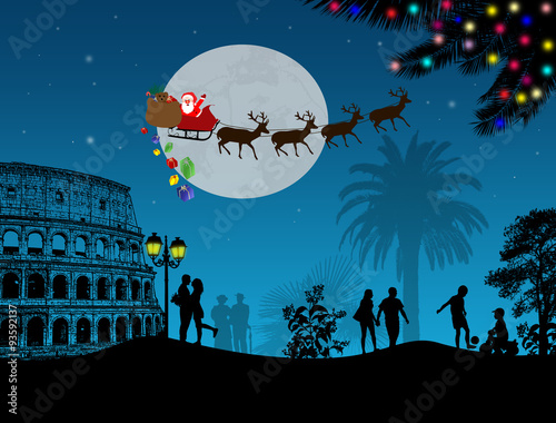 People at night in Rome with santa claus