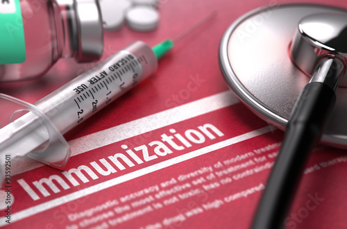 Immunization. Medical Concept on Red Background.