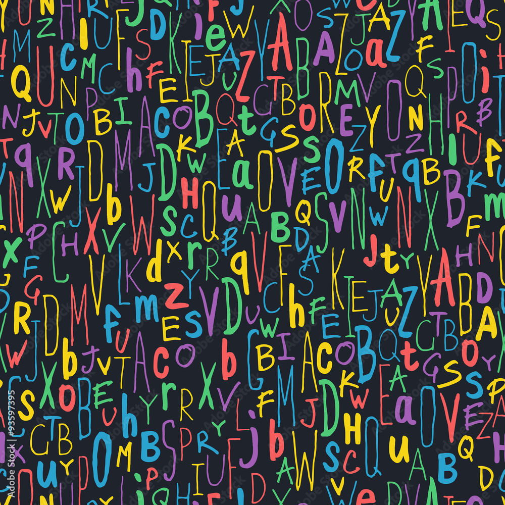 Colorful Different Letters on Black. Alphabet Seamless Pattern.