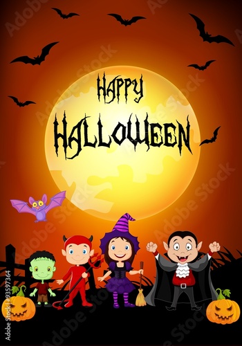 Halloween background with little kids wearing Halloween costume