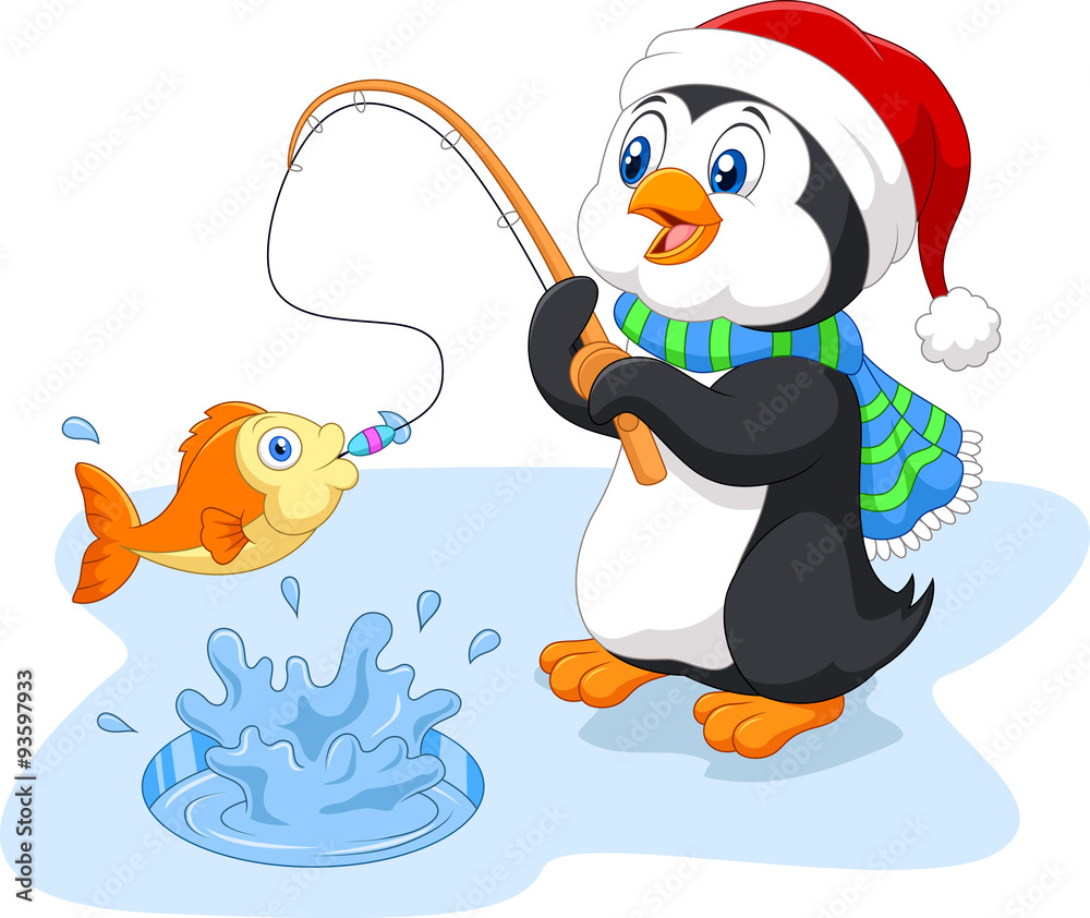 Obraz premium Cartoon funny penguin fishing