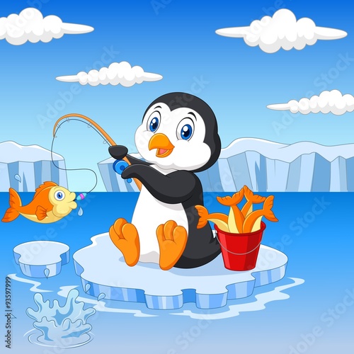 Cartoon penguin fishing on the ice
