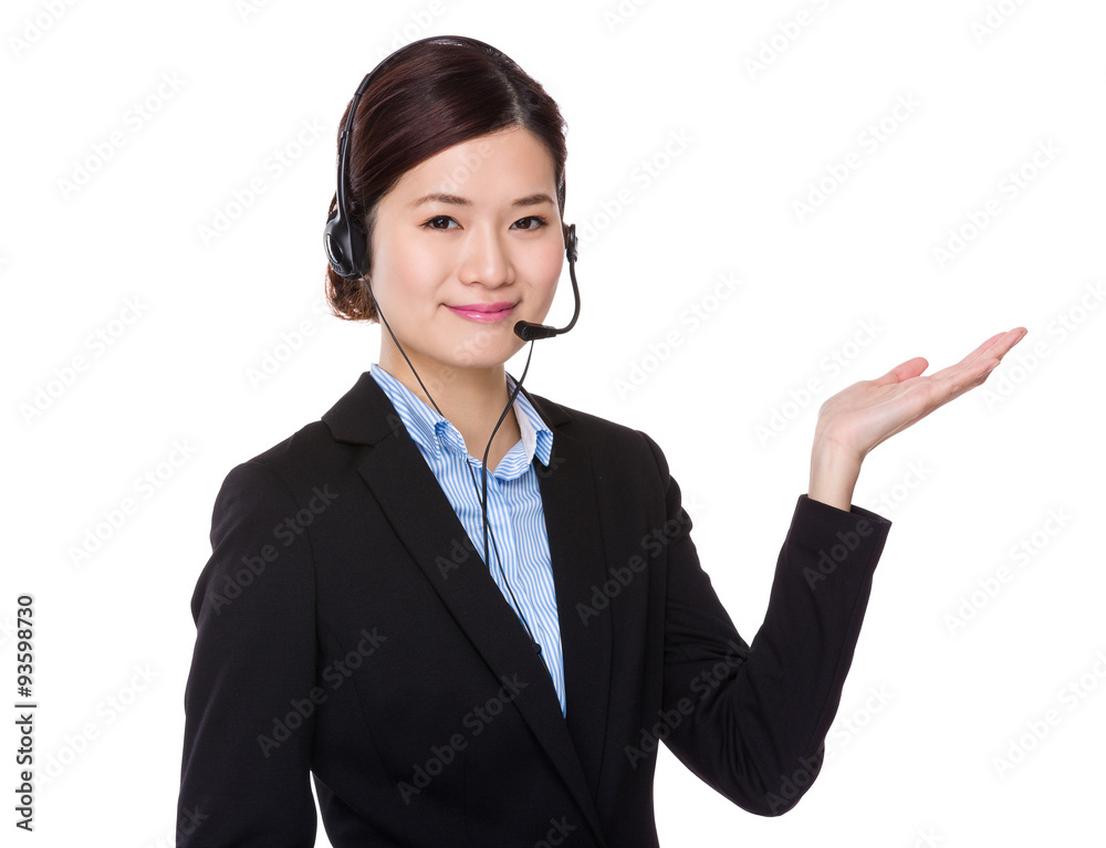 Customer services representative with open hand palm