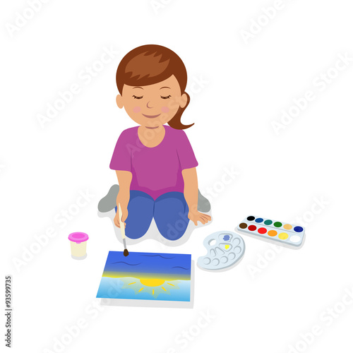 Teen girl sitting and painting a landscape.