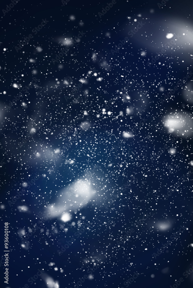 Snow Falling from Dark Night Sky. Digital Drawing. Background