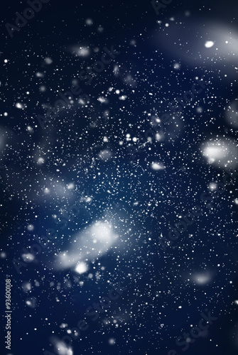 Snow Falling from Dark Night Sky. Digital Drawing. Background