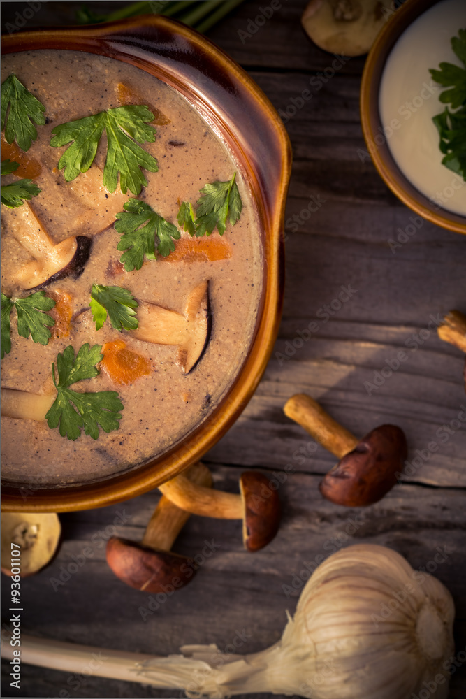Country dinner Mushroom soup wooden table Country dinner Mushroom soup wooden table