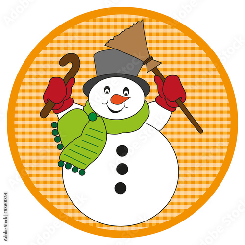 Snowman with scarf on orange button on white background