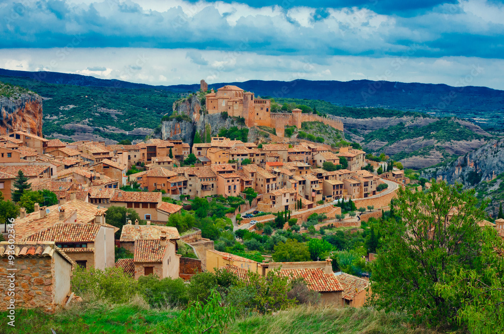 Medieval village Alquezar and mountains landscape. Aragon, Spain