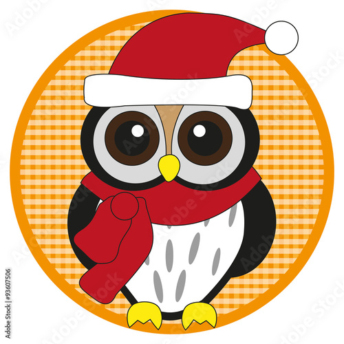 Owl with scarf and hat on orange button on white background