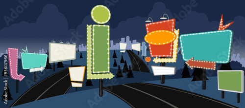Cartoon road with billboards at night. Ad signs.