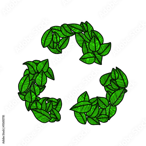 illustration vector doodle hand drawn green leaves recycle logo 