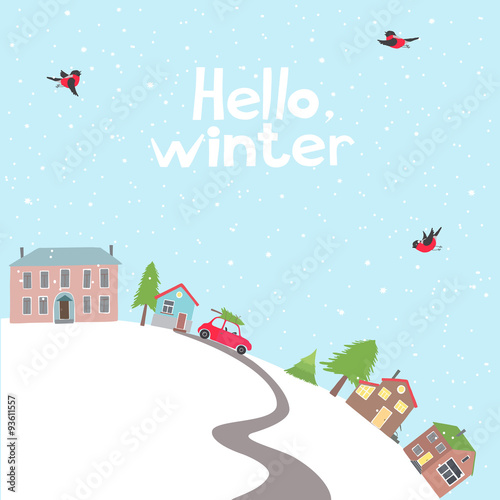 Village on the hill in winter time.