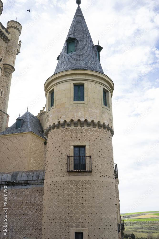 Medieval tower, alcazar castle city of Segovia, Spain. Old town