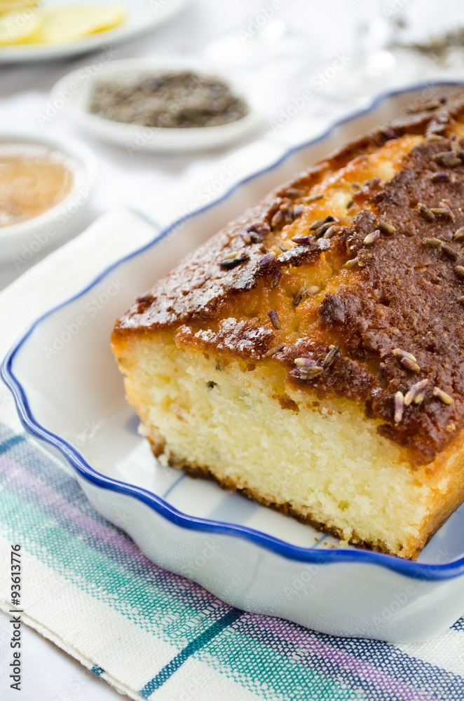 French cake with lavender and lemon glaze