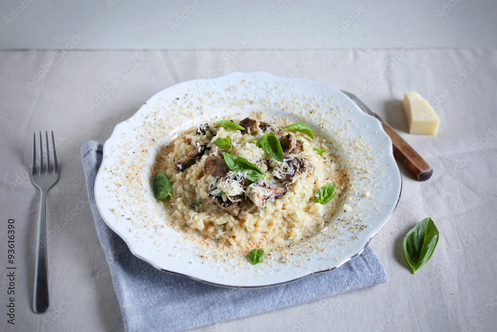 Foie gras and wild mushroom risotto with parmesan and basil Foie gras and wild mushroom risotto with parmesan and basil