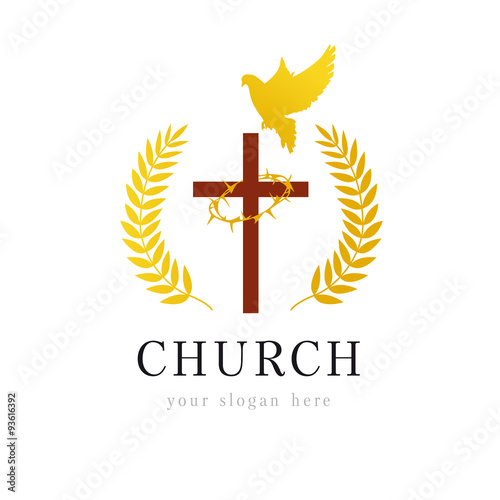 Dove cross thorns church logo. Template logo for the church in the form of a cross and a crown of thorns on it framed palms and dove