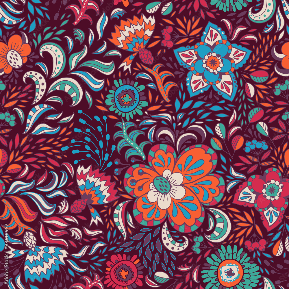 Vector seamless pattern with colored abstract flowers and berrie