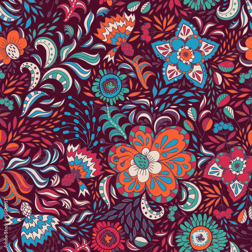Vector seamless pattern with colored abstract flowers and berrie