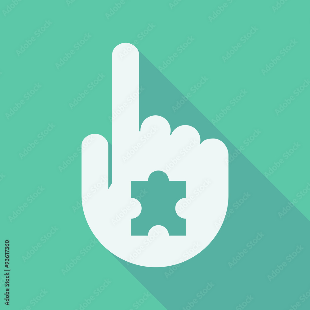 Long shadow pointing finger hand with a puzzle piece Long shadow pointing finger hand with a puzzle piece
