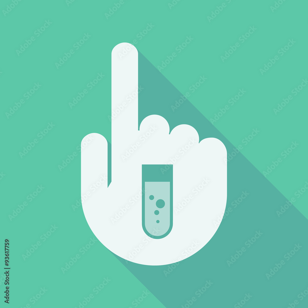 Long shadow pointing finger hand with a chemical test tube Long shadow pointing finger hand with a chemical test tube