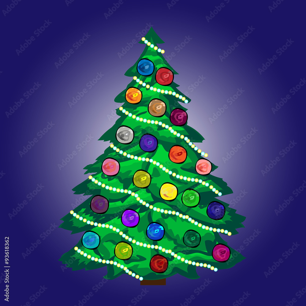 Christmas tree with balls and garland blue background Christmas tree with balls and garland blue background