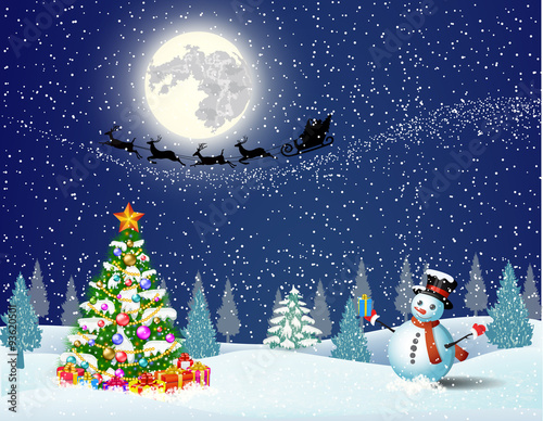 Cute snowman on the background of night sky 