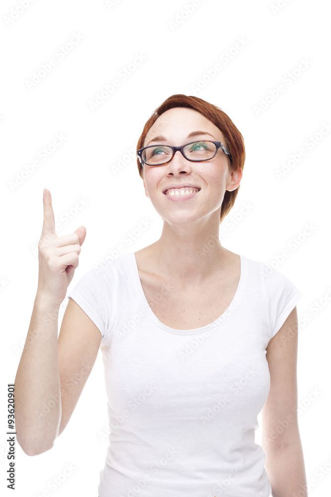 Young read head woman showing up isolated on white background Young read head woman showing up isolated on white background