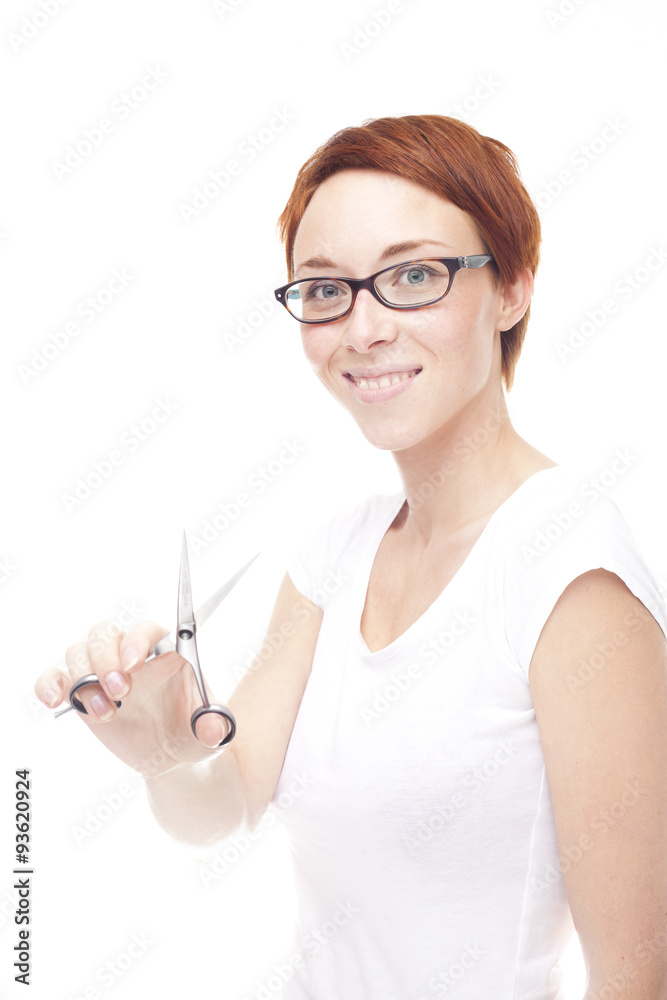 Red head professional hairdresser woman with scissors Red head professional hairdresser woman with scissors