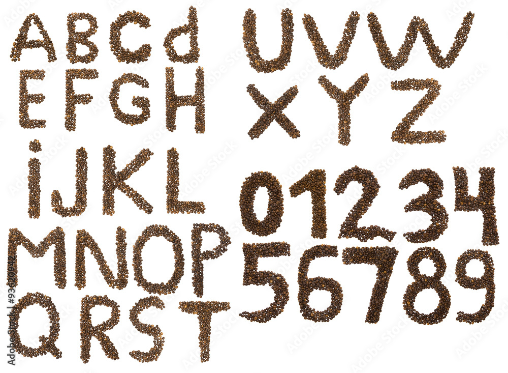 English alphabet and numbers of coffee beans English alphabet and numbers of coffee beans