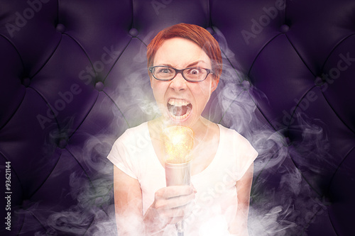 Canvas-taulu Very angry woman with glowing mic / radio moderator